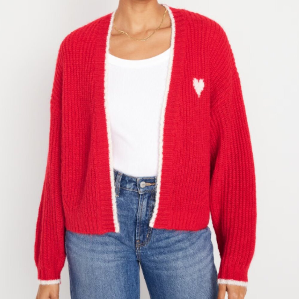 Old Navy Open-Front Cardigan Sweater Red with Heart L NWT